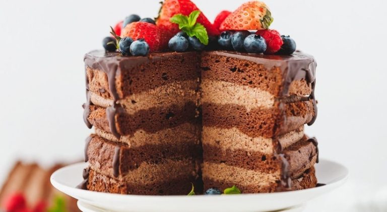 Chocolate Whipped Cream Cake with Strawberries.